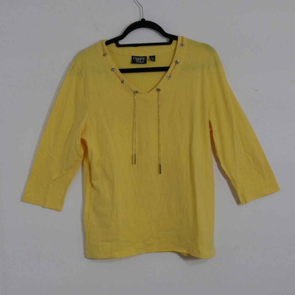 Onque Casual Womens Top L Yellow Chain Rhinestone Embellished Glam‎ Vibrant